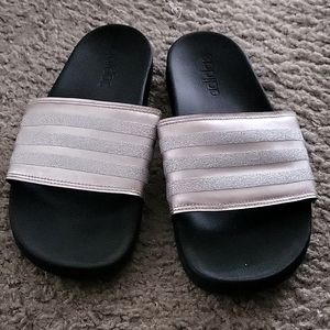 Adidas black and rose gold with silver slides